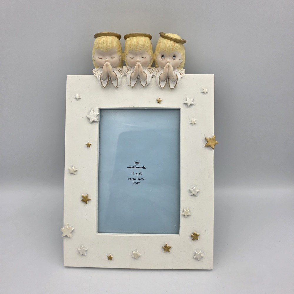 Hallmark Mary 3 Angels Photo Frame 4x6 Picture White Resin Silver Gold Stars